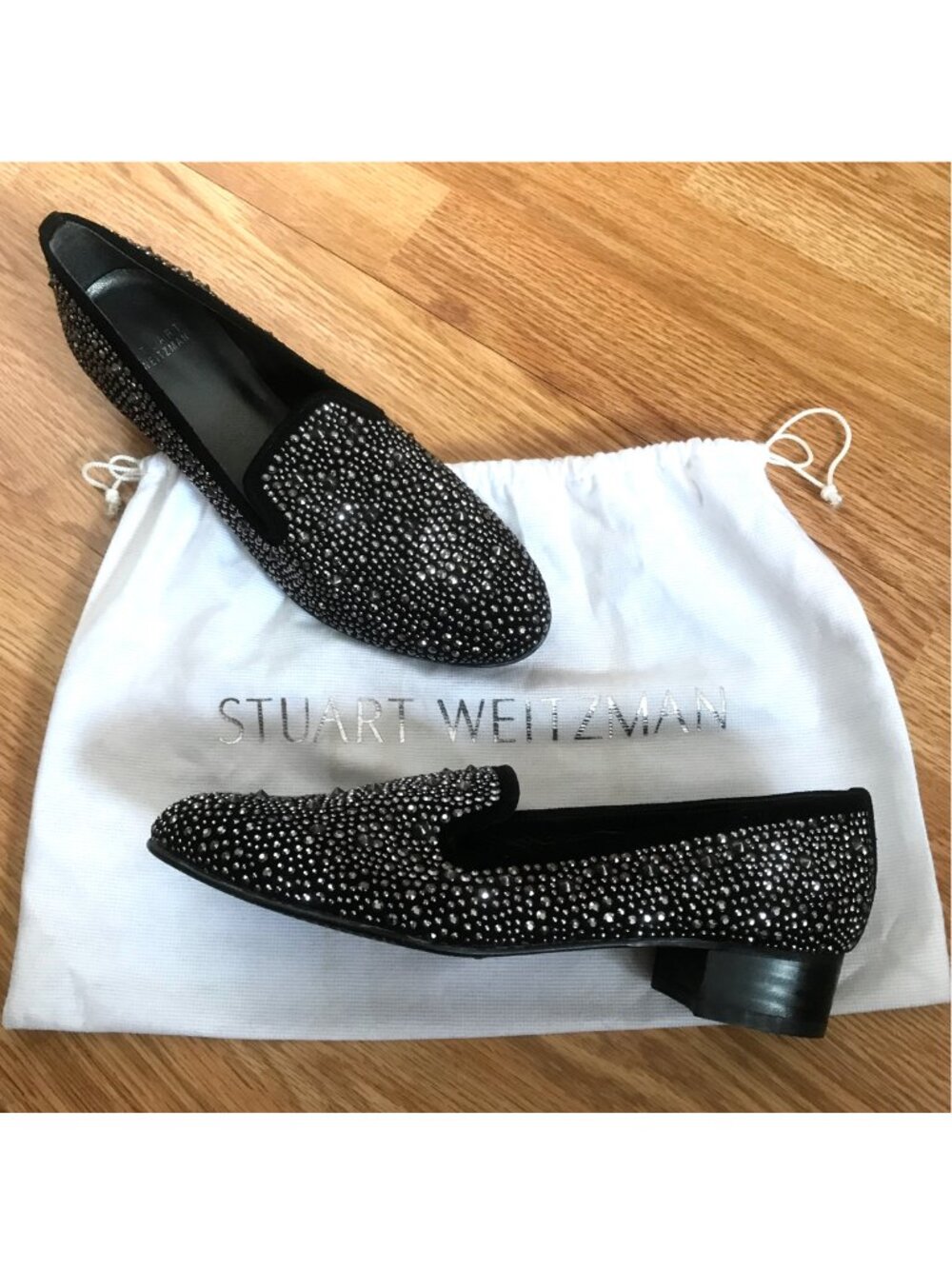 Stuart Weitzman Slipbeads Black Suede Studded Sparkly Rhinestone Loafers 8 - Picture 2 of 12